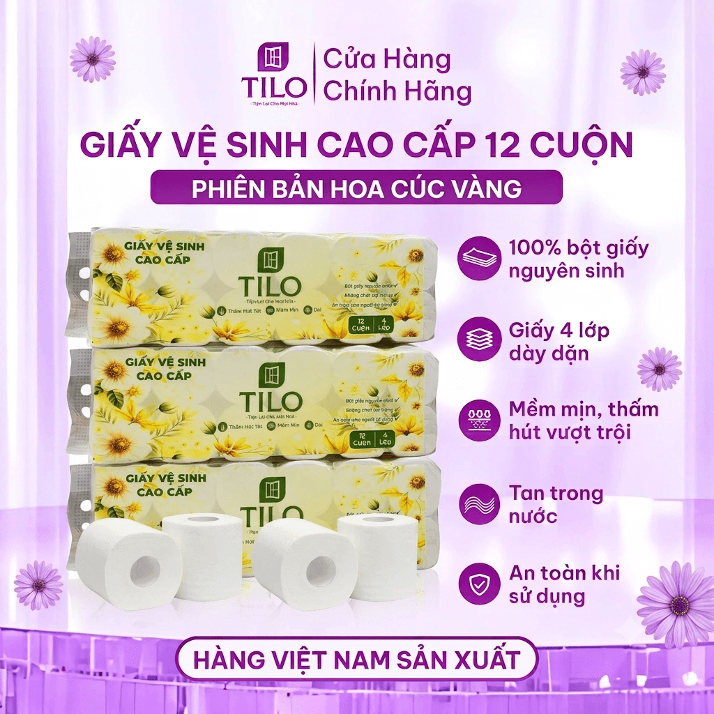 Giấy Vệ Sinh Cao Cấp TiLo 12 Cuộn Hoa Cúc Vàng Giấy Vệ Sinh Cao Cấp TiLo 12 Cuộn Hoa Cúc Vàng